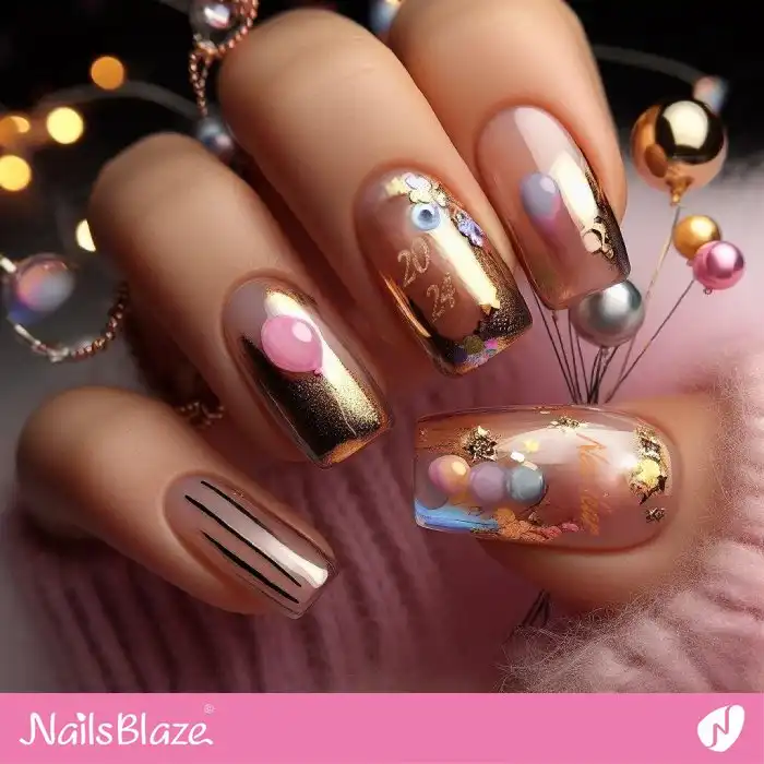 New Year Foil Nails with Balloons | 2024 Nails - NB1358